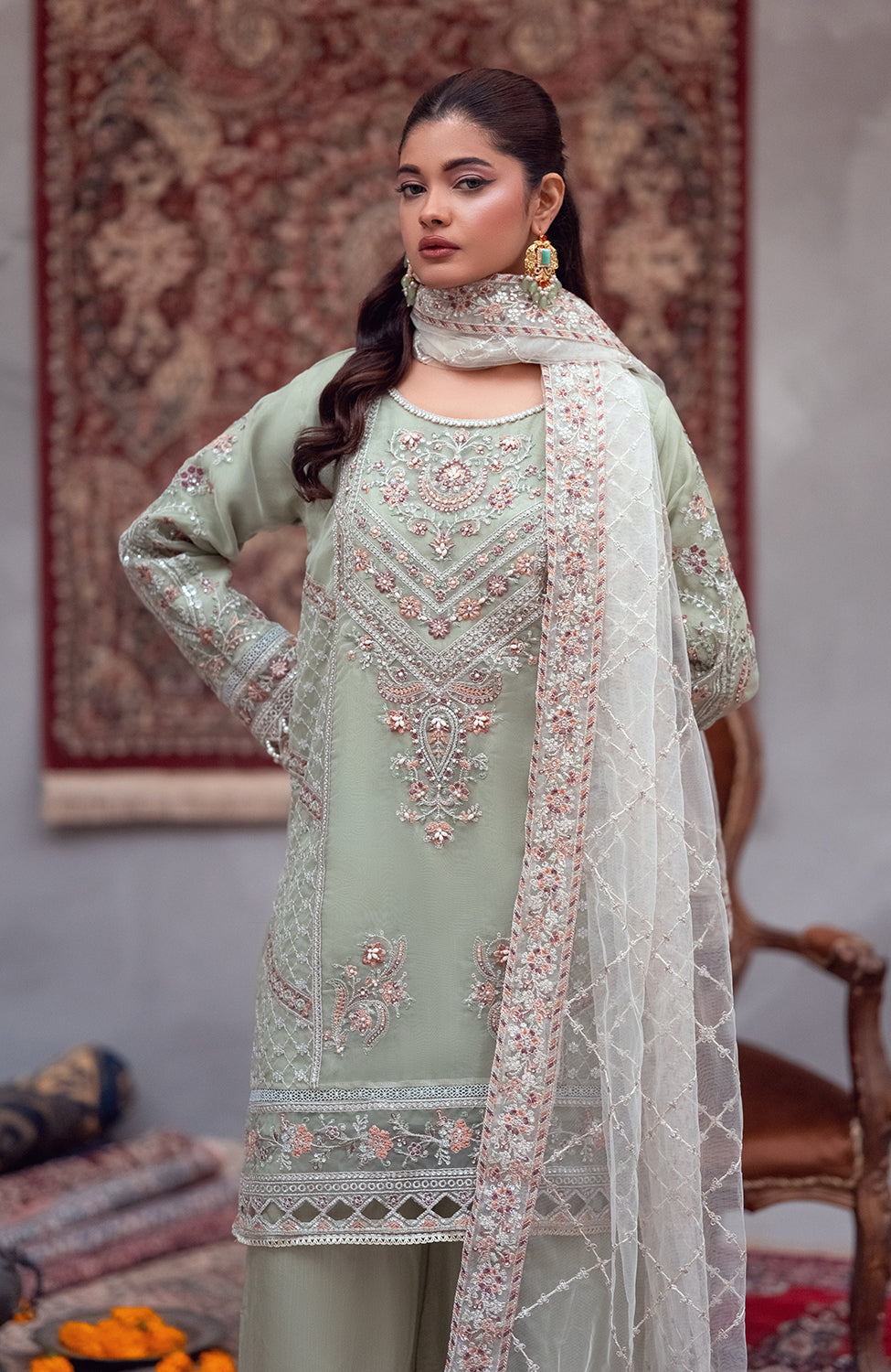 Ready to Wear 3 Piece Formal Embroidered Organza Suit